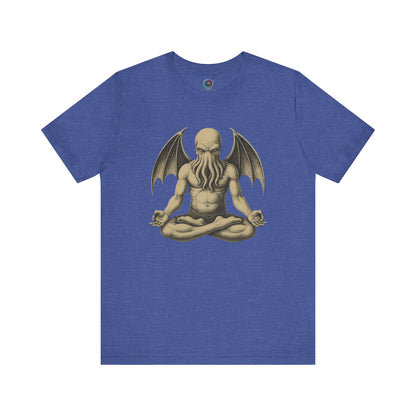 Meditating Cthulhu Shirt – Unisex Mythos Tee for Sci-Fi & Festival Fans in heather true royal, offering a mystical, calming Lovecraft design in cool tones.