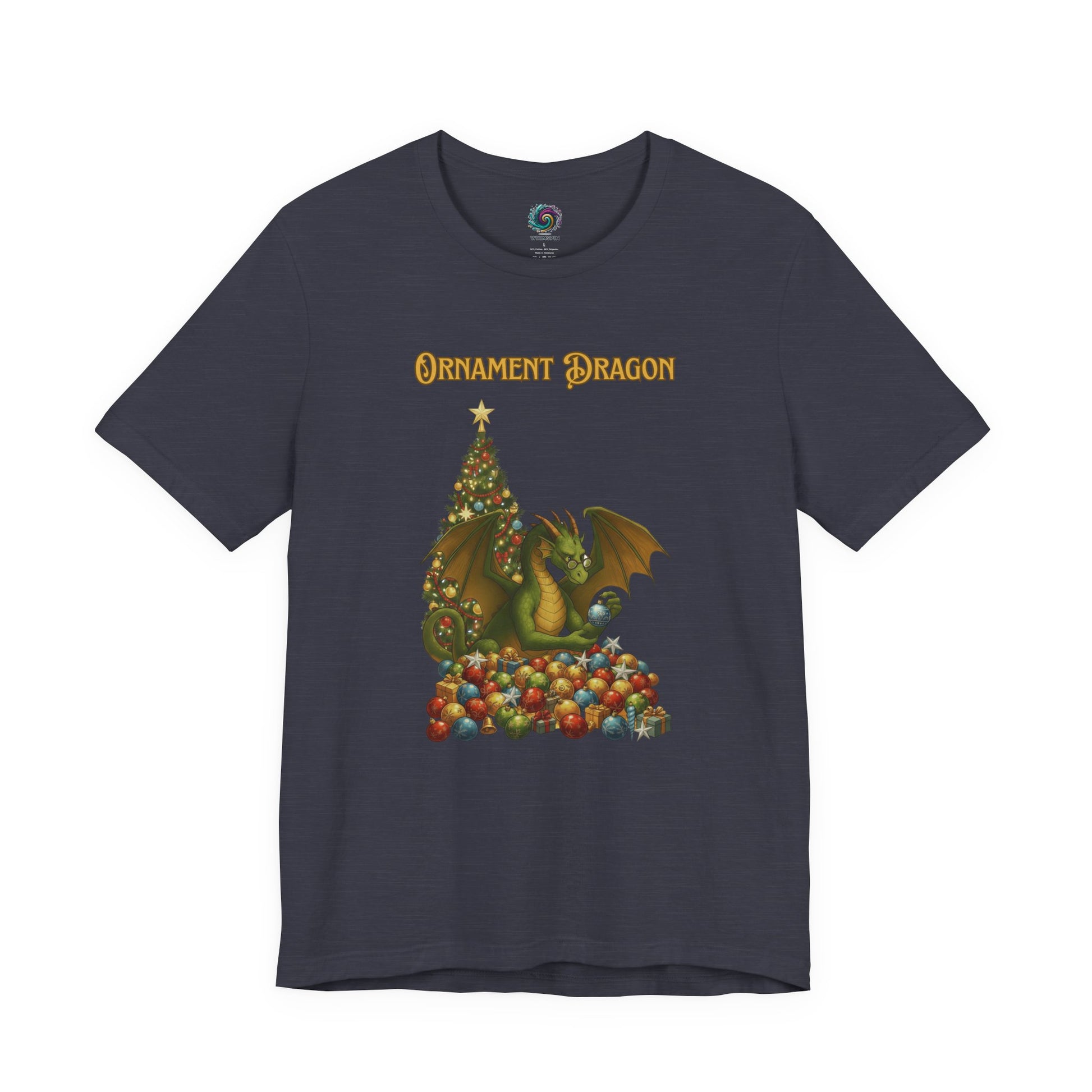Ornament Dragon T-Shirt – Christmas Dragon Tee for Ornament Lovers, in dark navy blue for holiday night magic lovers
