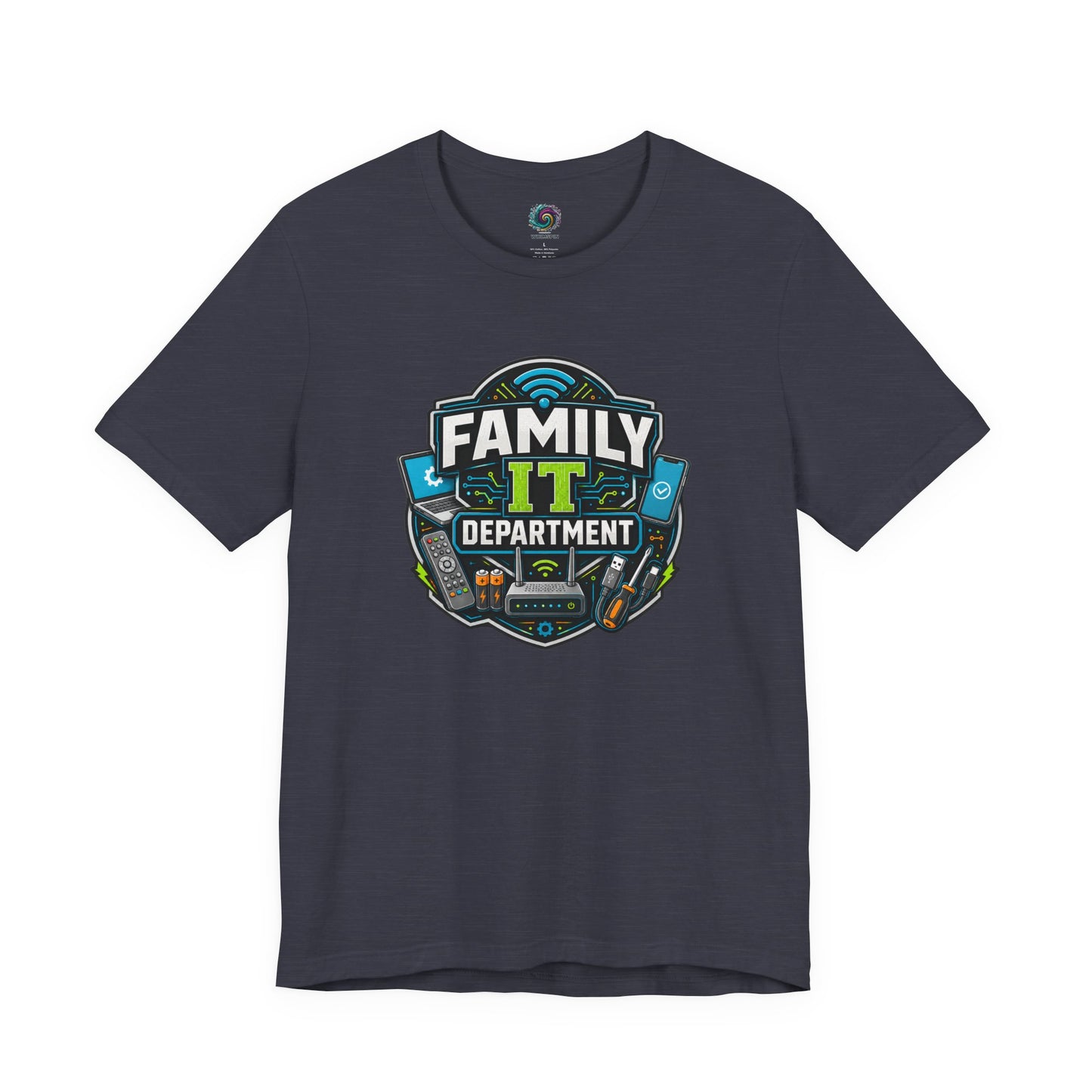 Family IT Department T-Shirt – Funny Household Tech Support Tee on heather midnight navy with a family IT department joke.
