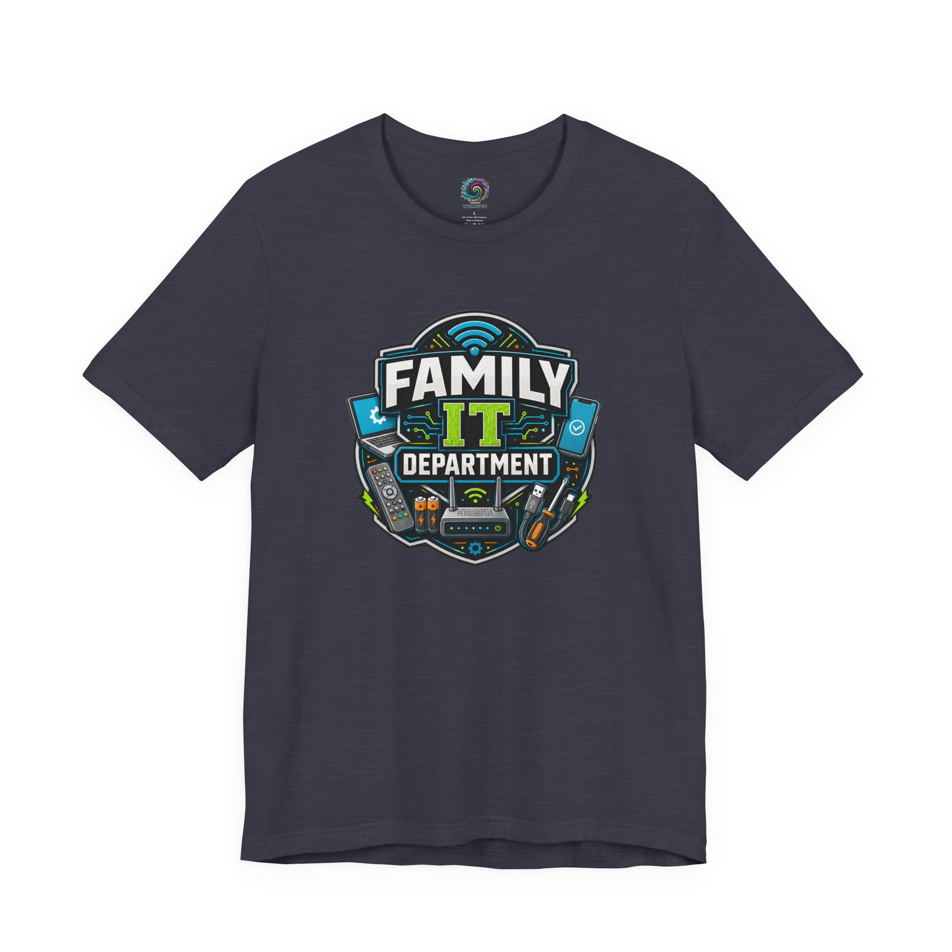 Family IT Department T-Shirt – Funny Household Tech Support Tee on heather midnight navy with a family IT department joke.