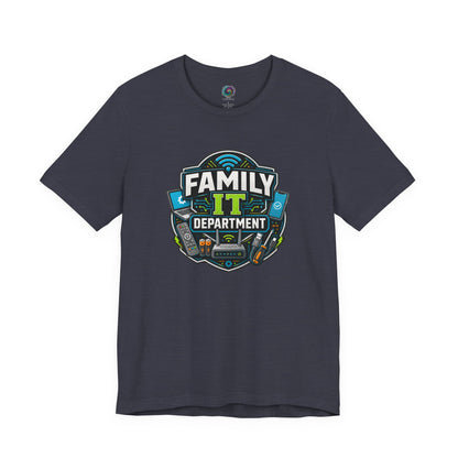 Family IT Department T-Shirt – Funny Household Tech Support Tee on heather midnight navy with a family IT department joke.