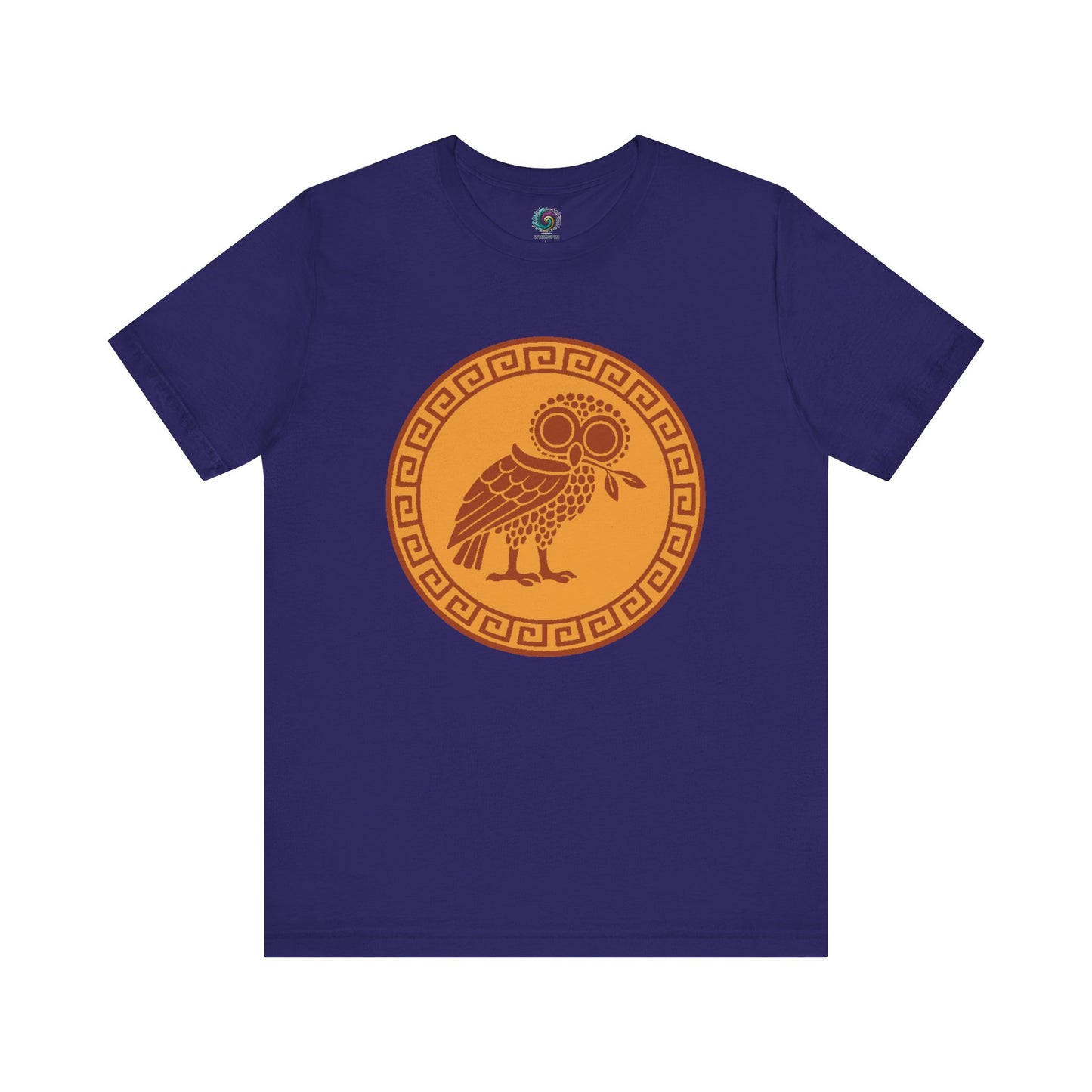 Athena’s Owl T-Shirt in team navy, with Athena’s owl silhouetted in a temple at dusk — a moody tribute to Greek mythology’s most iconic bird.