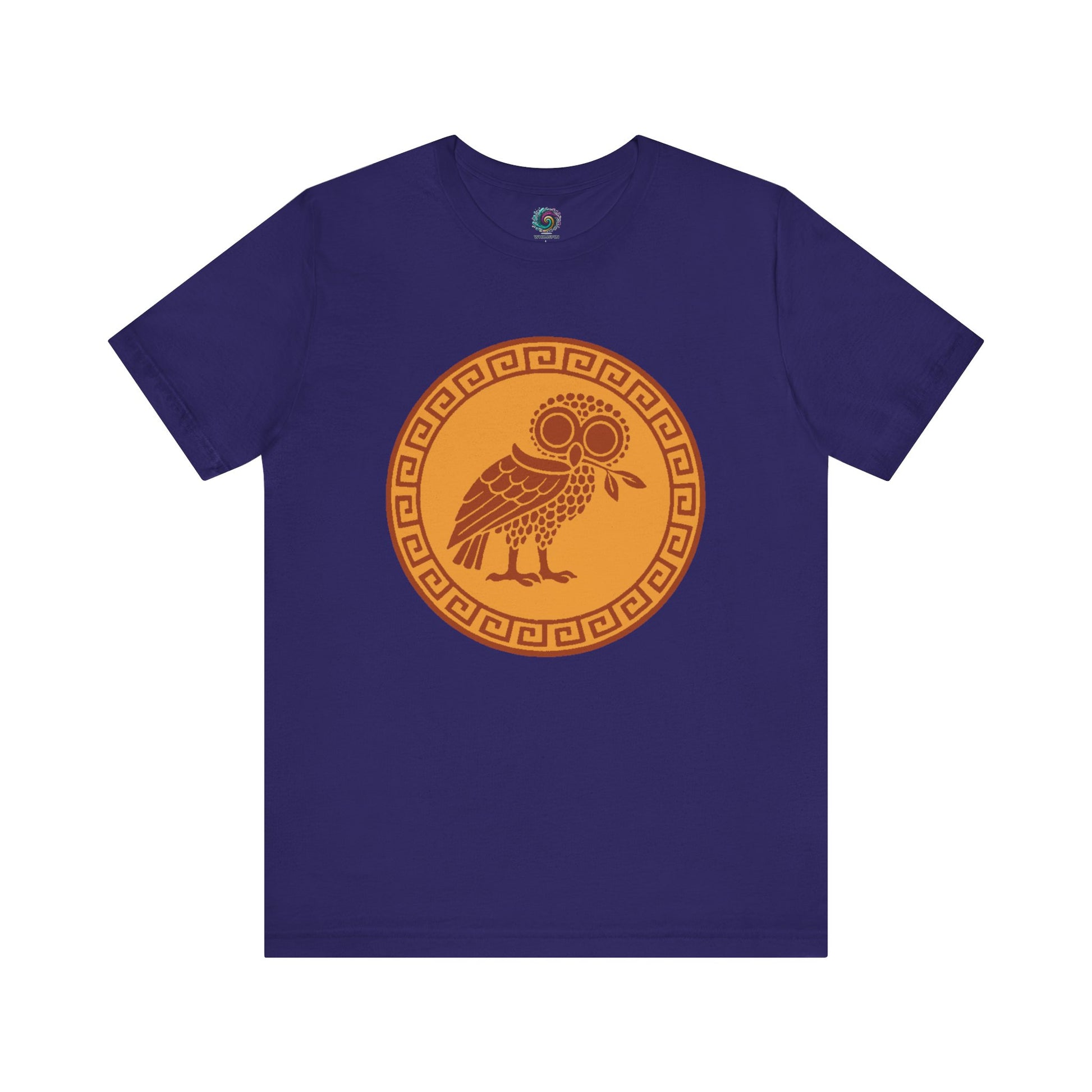 Athena’s Owl T-Shirt in team navy, with Athena’s owl silhouetted in a temple at dusk — a moody tribute to Greek mythology’s most iconic bird.