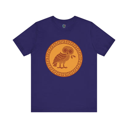 Athena’s Owl T-Shirt in team navy, with Athena’s owl silhouetted in a temple at dusk — a moody tribute to Greek mythology’s most iconic bird.