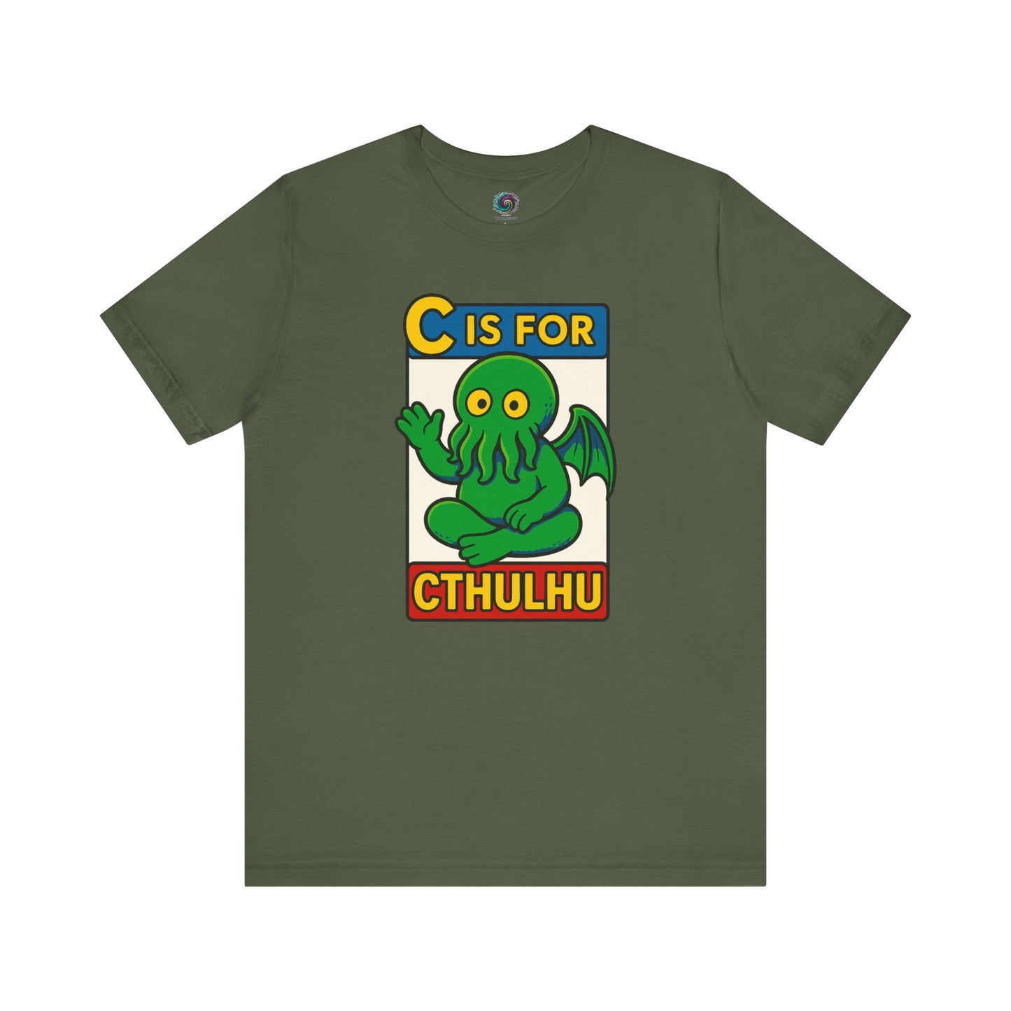 C is for Cthulhu T-Shirt – Lovecraftian Funny Cartoon Tee in military green, flat lay with whimsical Cthulhu cartoon design.