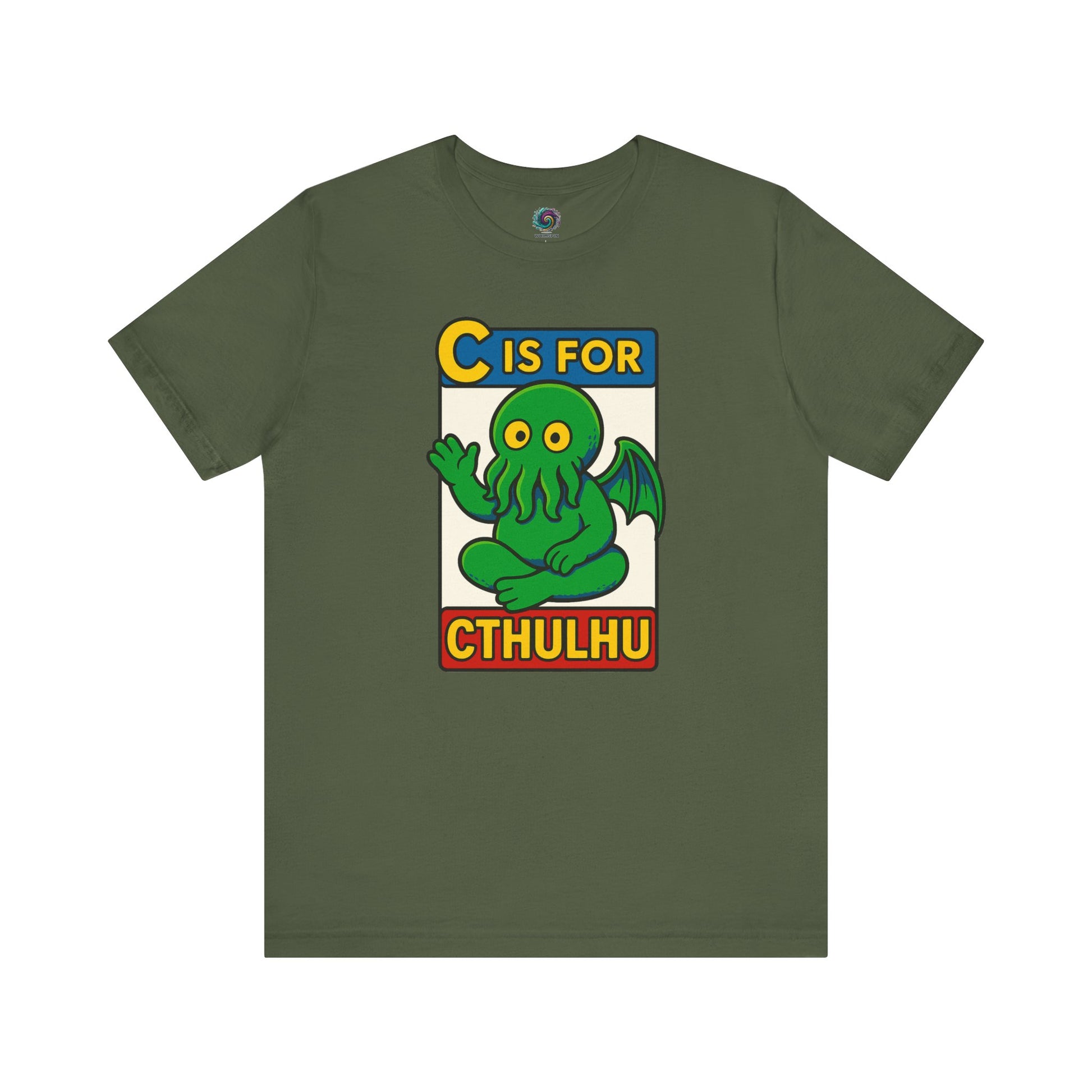 C is for Cthulhu T-Shirt – Lovecraftian Funny Cartoon Tee in military green, flat lay with whimsical Cthulhu cartoon design.
