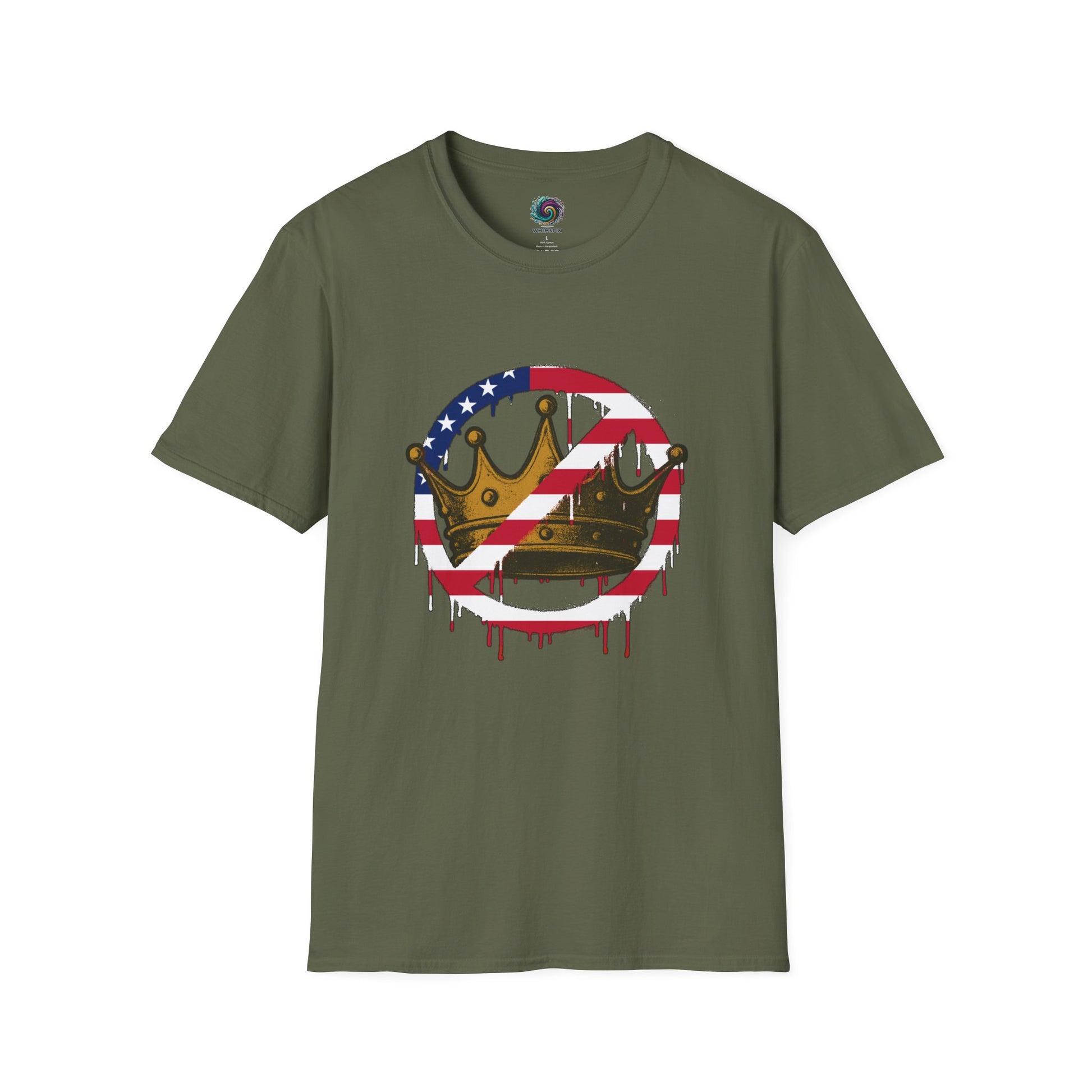Military Green No Kings Protest T-Shirt from WhimSpin with a graphic design featuring a crown with the "no" slashed circle symbol drawn in an American flag pattern on a white background