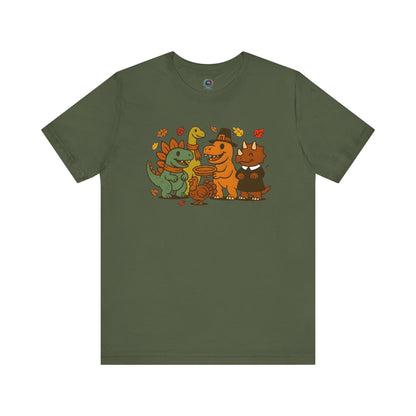 Thanksgiving Dinosaur T-Shirt – Funny Dino Thanksgiving Tee in military green, with dinosaurs in Pilgrim hats sharing a Thanksgiving moment.