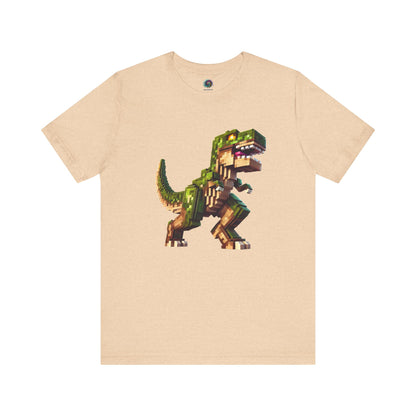 Pixel Dinosaur Graphic T-Shirt – Retro Unisex Tee for Adult Dino Fans in heather sand dune with colorful pixel dinosaur design.