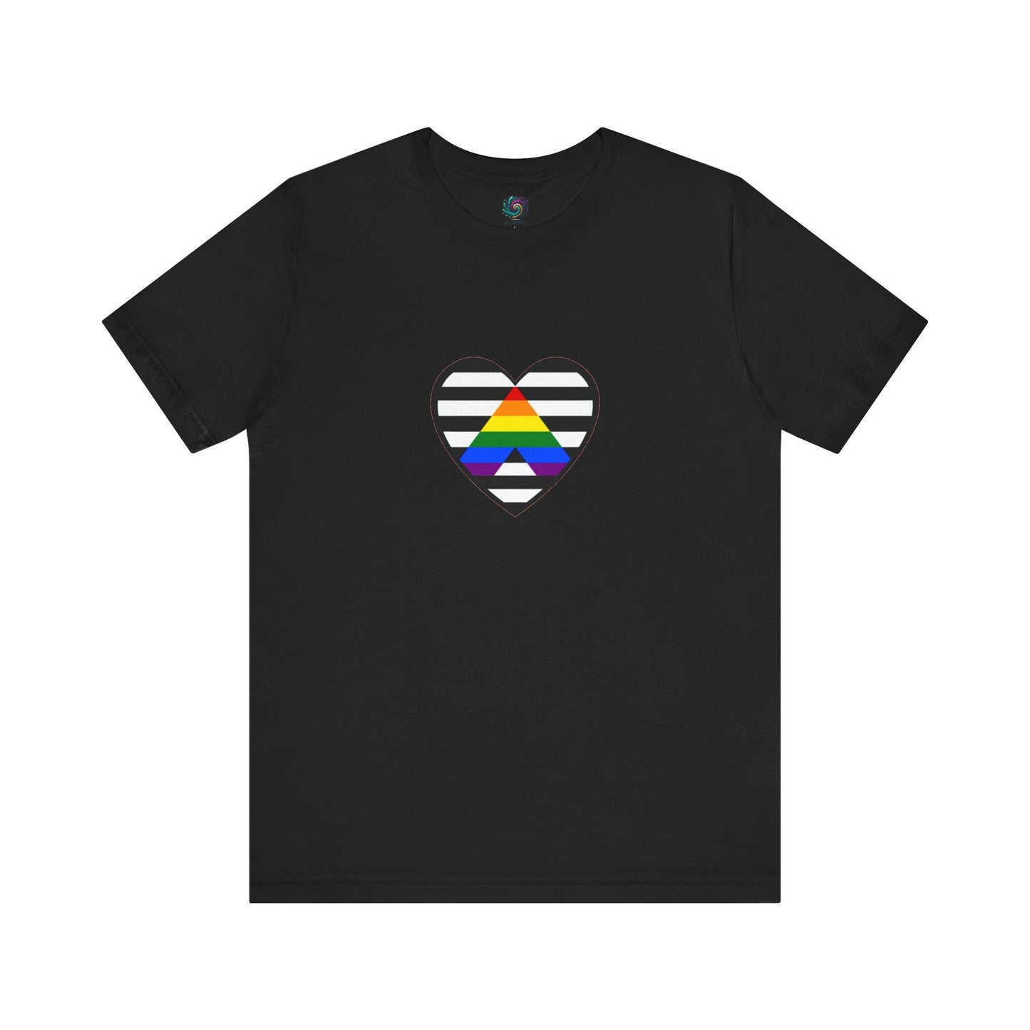 Heart Ally Flag T-Shirt – Subtle LGBTQ+ Support with Bold Pride in  black, featuring the straight ally heart symbol across black and white stripes for subtle LGBTQ+ ally representation.