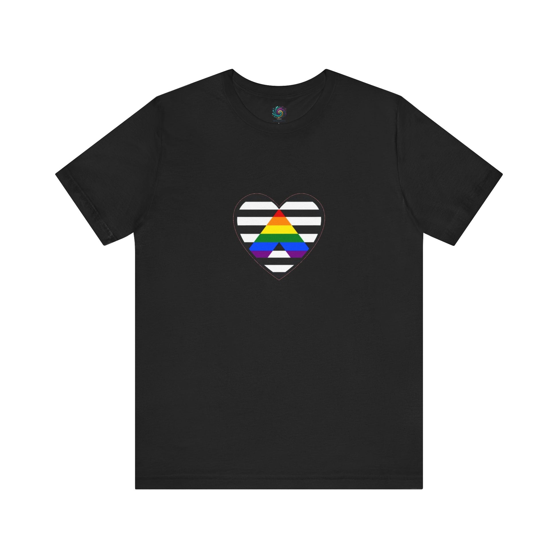 Heart Ally Flag T-Shirt – Subtle LGBTQ+ Support with Bold Pride in  black, featuring the straight ally heart symbol across black and white stripes for subtle LGBTQ+ ally representation.