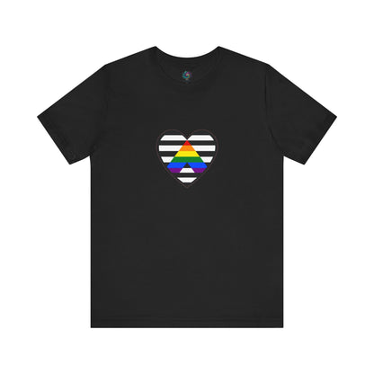 Heart Ally Flag T-Shirt – Subtle LGBTQ+ Support with Bold Pride in  black, featuring the straight ally heart symbol across black and white stripes for subtle LGBTQ+ ally representation.