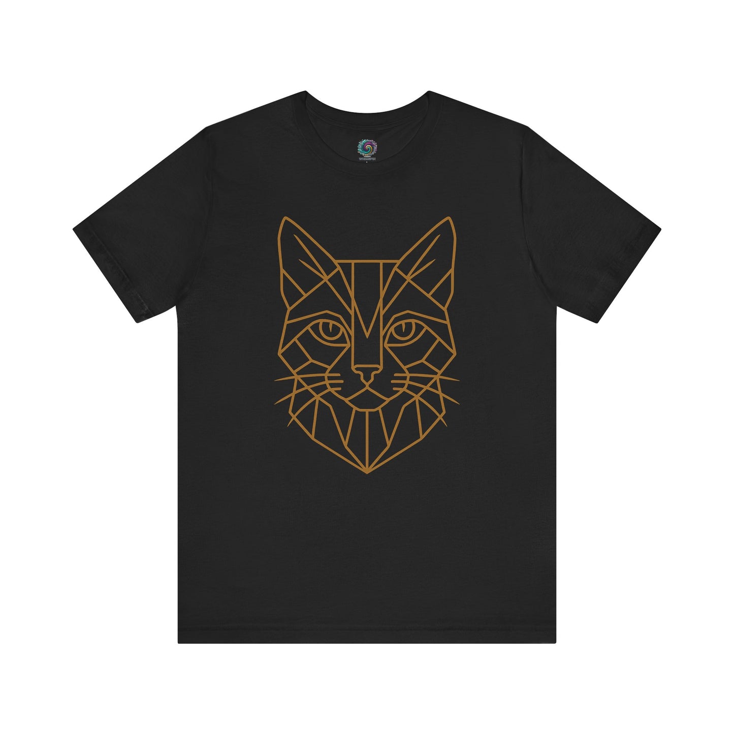 Geometric Cat T-Shirt – Minimalist Line Art Tee for Modern Cat Lovers in black with bold gold vector cat illustration, perfect for stylish feline fans.