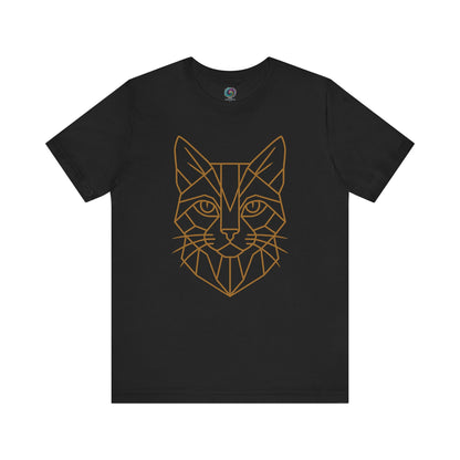 Geometric Cat T-Shirt – Minimalist Line Art Tee for Modern Cat Lovers in black with bold gold vector cat illustration, perfect for stylish feline fans.