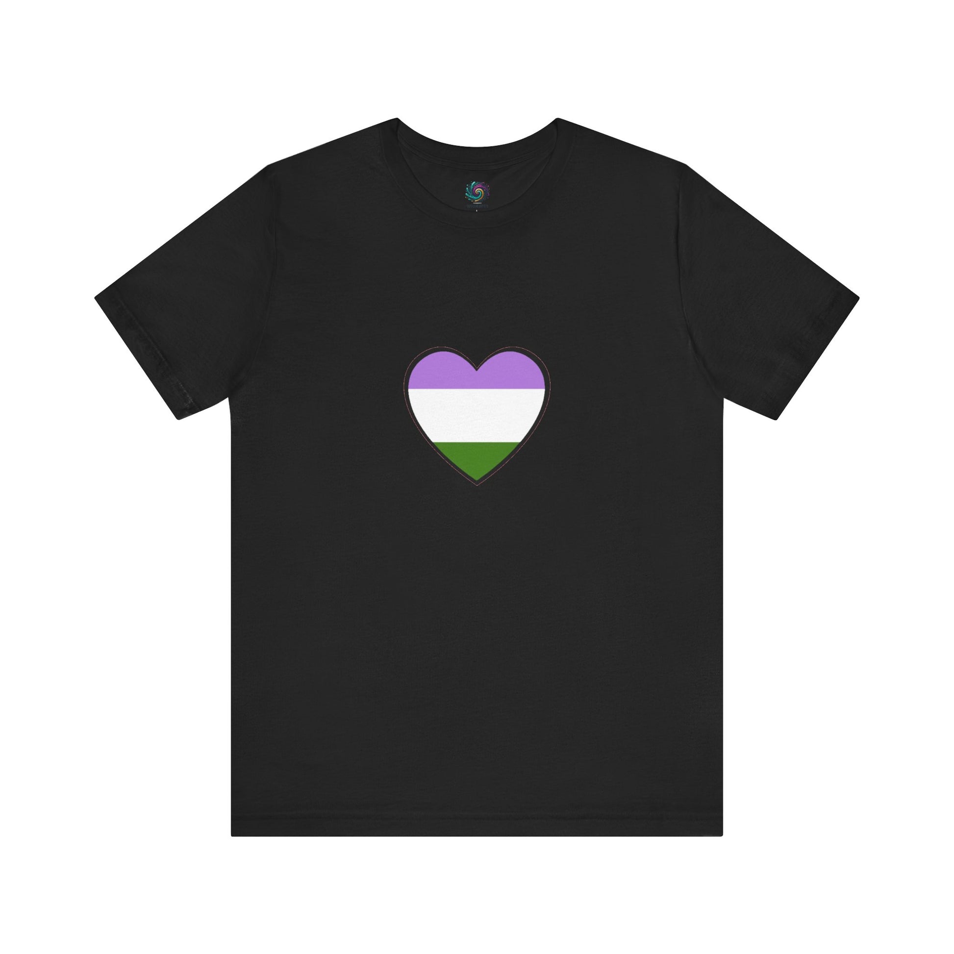 Genderqueer Flag Heart T-Shirt – Unisex LGBTQ+ Graphic Tee in black with bold genderqueer heart flag design, celebrating genderqueer visibility through expressive clothing.