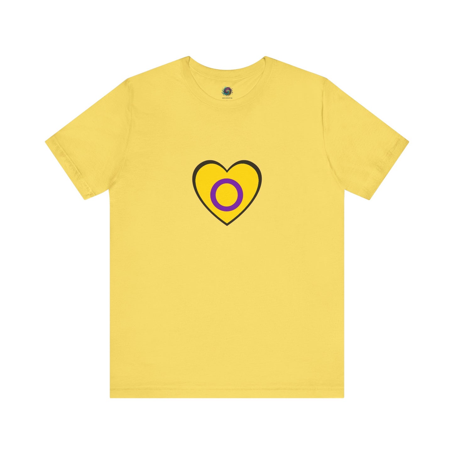 Intersex Pride Heart T-Shirt in maize yellow, showcasing proud, simple representation of the intersex flag in heart form.