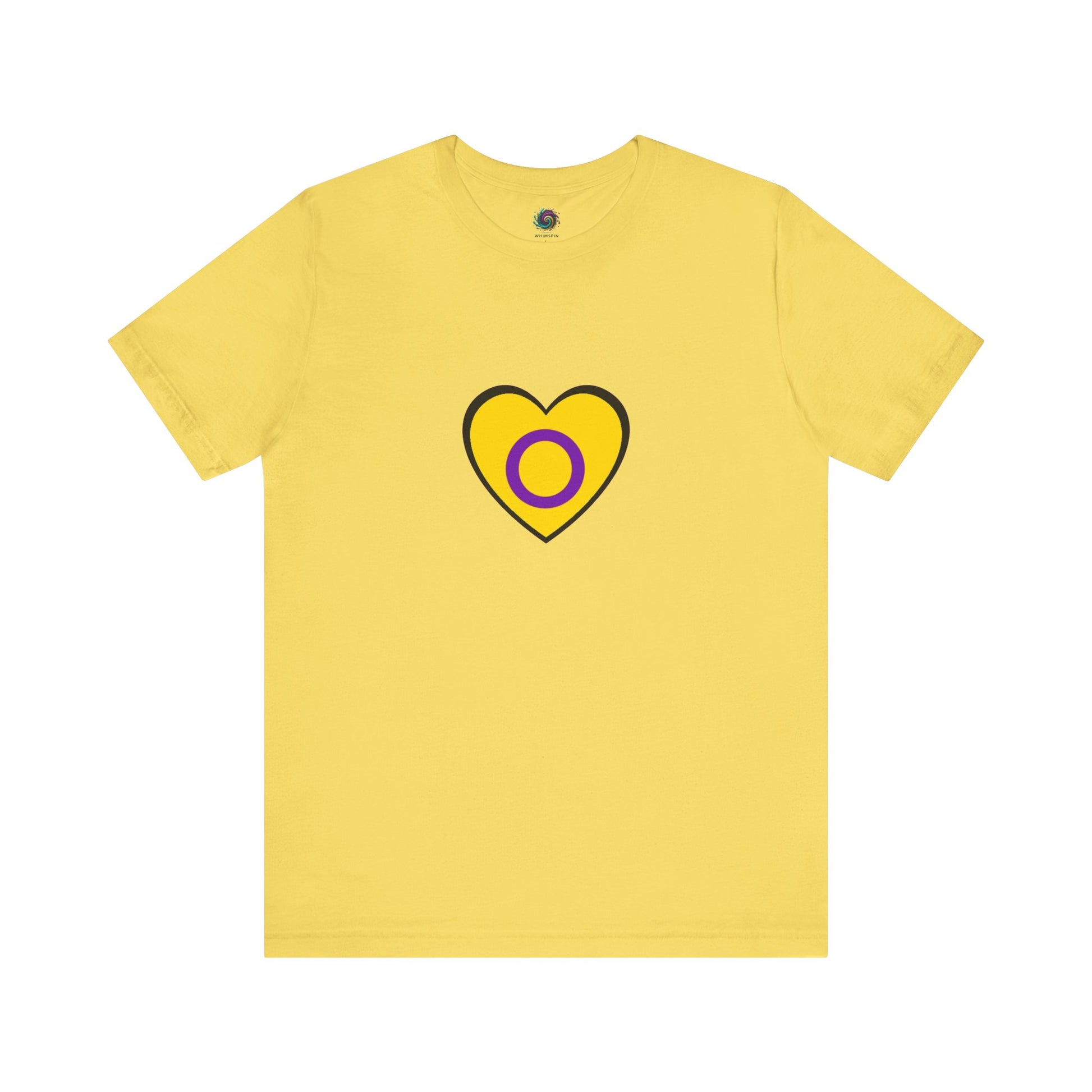 Intersex Pride Heart T-Shirt in maize yellow, showcasing proud, simple representation of the intersex flag in heart form.