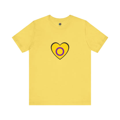 Intersex Pride Heart T-Shirt in maize yellow, showcasing proud, simple representation of the intersex flag in heart form.