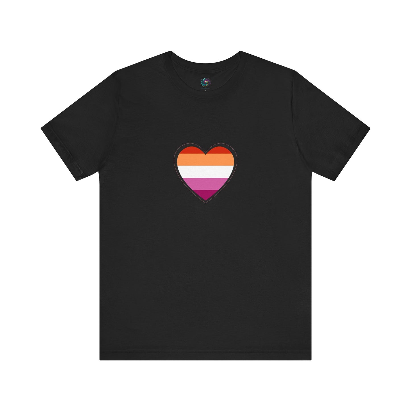 Lesbian Flag Heart T-Shirt – Bold LGBTQ+ Graphic Tee in black, featuring a vivid lesbian flag heart for powerful visual contrast and subtle pride.