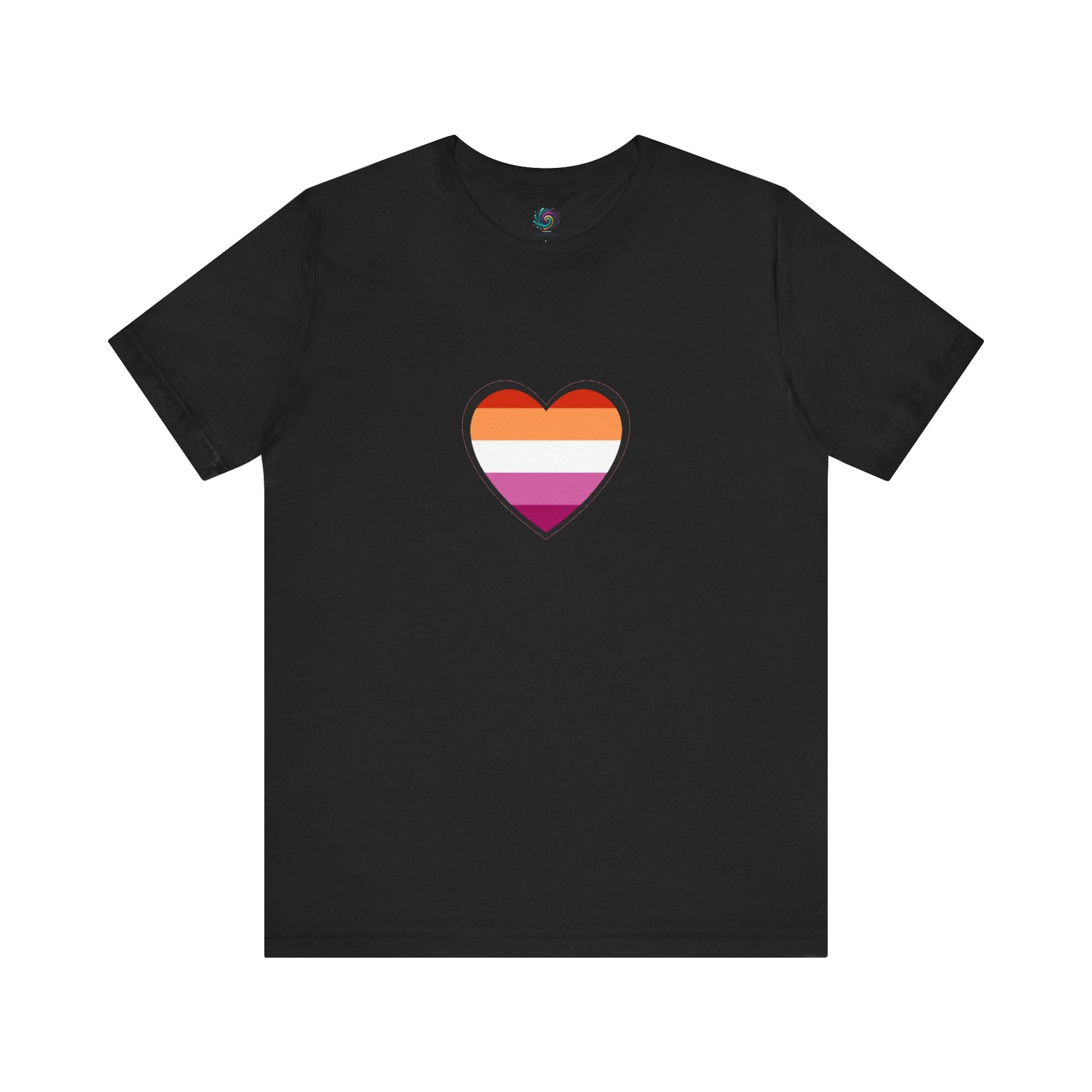 Lesbian Flag Heart T-Shirt – Bold LGBTQ+ Graphic Tee in black, featuring a vivid lesbian flag heart for powerful visual contrast and subtle pride.
