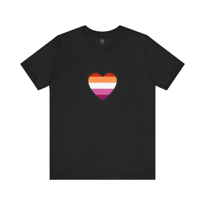 Lesbian Flag Heart T-Shirt – Bold LGBTQ+ Graphic Tee in black, featuring a vivid lesbian flag heart for powerful visual contrast and subtle pride.