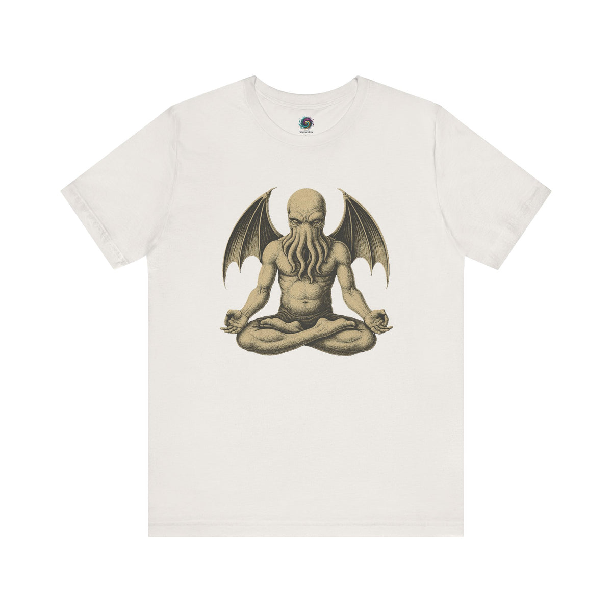 Meditating Cthulhu Shirt – Unisex Mythos Tee for Sci-Fi & Festival Fans in vintage white, for minimalist horror fans who love Cthulhu meditation and peaceful parody.