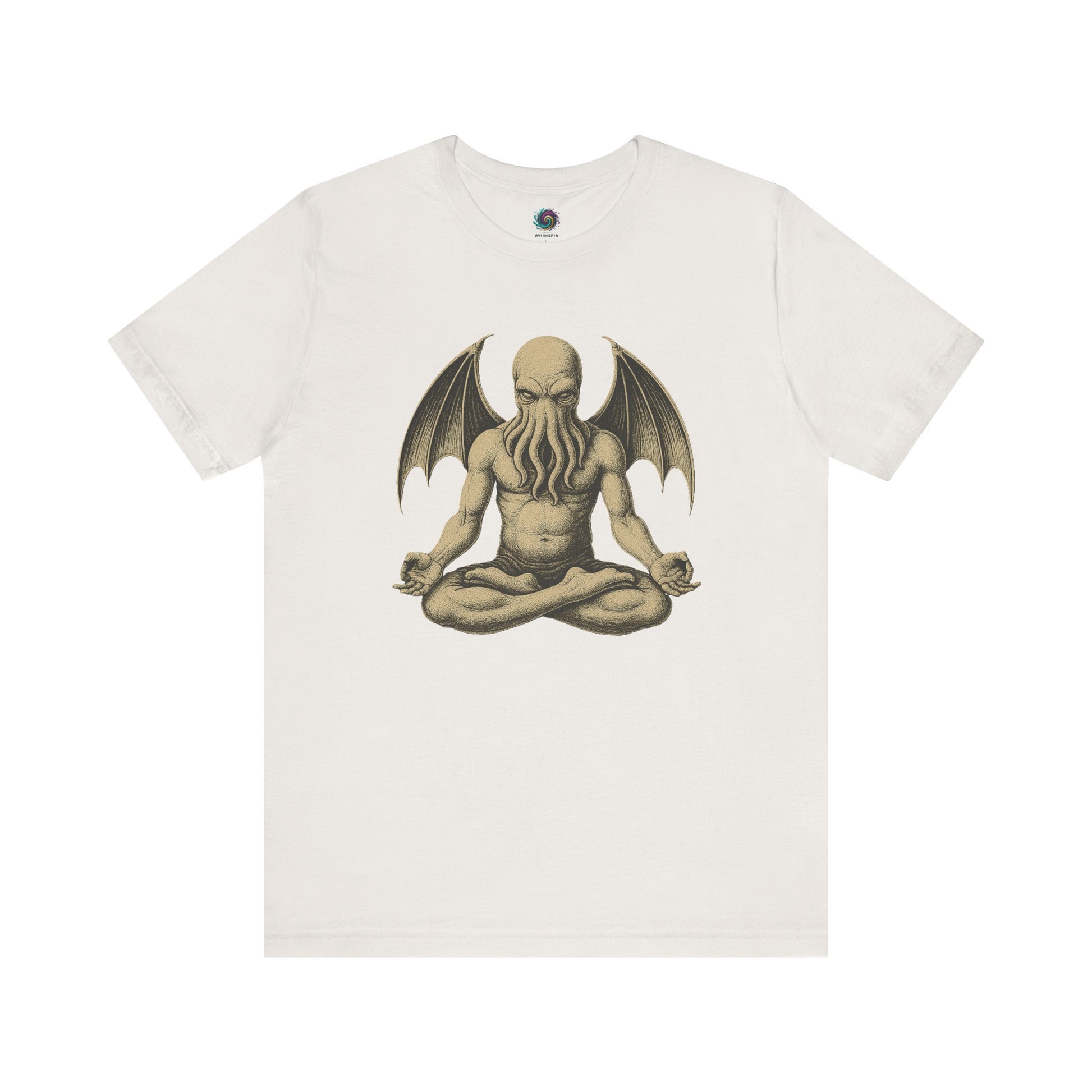Meditating Cthulhu Shirt – Unisex Mythos Tee for Sci-Fi & Festival Fans in vintage white, for minimalist horror fans who love Cthulhu meditation and peaceful parody.