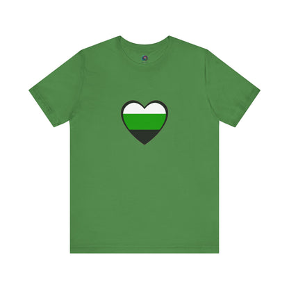 Layflat image of leaf green Aromantic Pride Tee with neutrois heart icon, celebrating neutrois pride through subtle design and soft fabric.