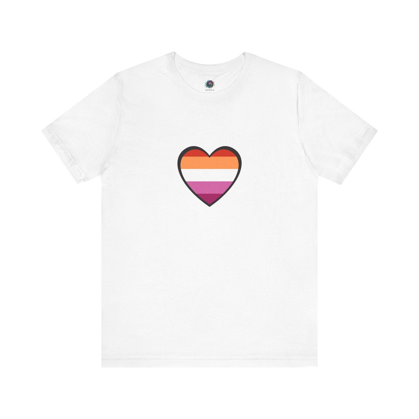 Lesbian Flag Heart T-Shirt – Bold LGBTQ+ Graphic Tee in crisp white, with a clean and iconic lesbian flag heart at the center for versatile styling.