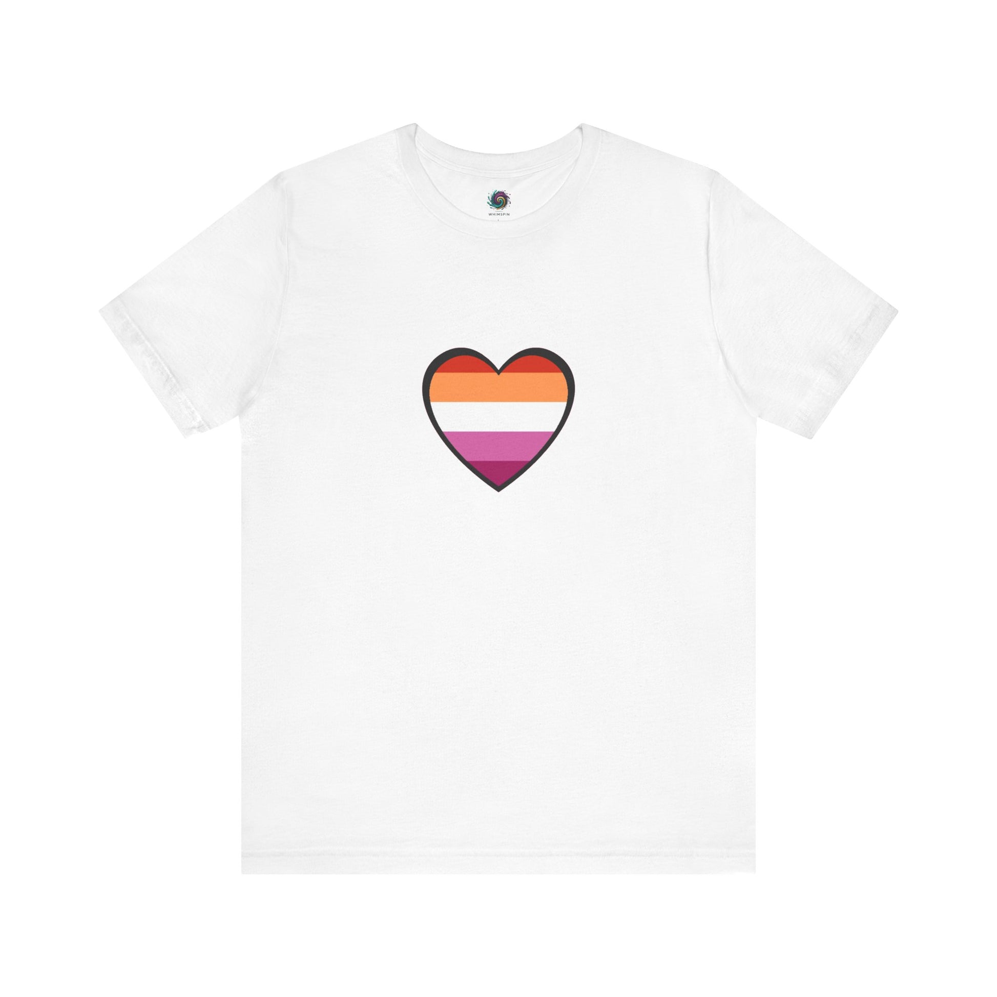 Lesbian Flag Heart T-Shirt – Bold LGBTQ+ Graphic Tee in crisp white, with a clean and iconic lesbian flag heart at the center for versatile styling.