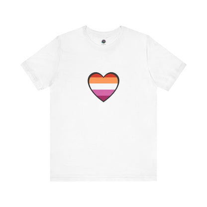Lesbian Flag Heart T-Shirt – Bold LGBTQ+ Graphic Tee in crisp white, with a clean and iconic lesbian flag heart at the center for versatile styling.