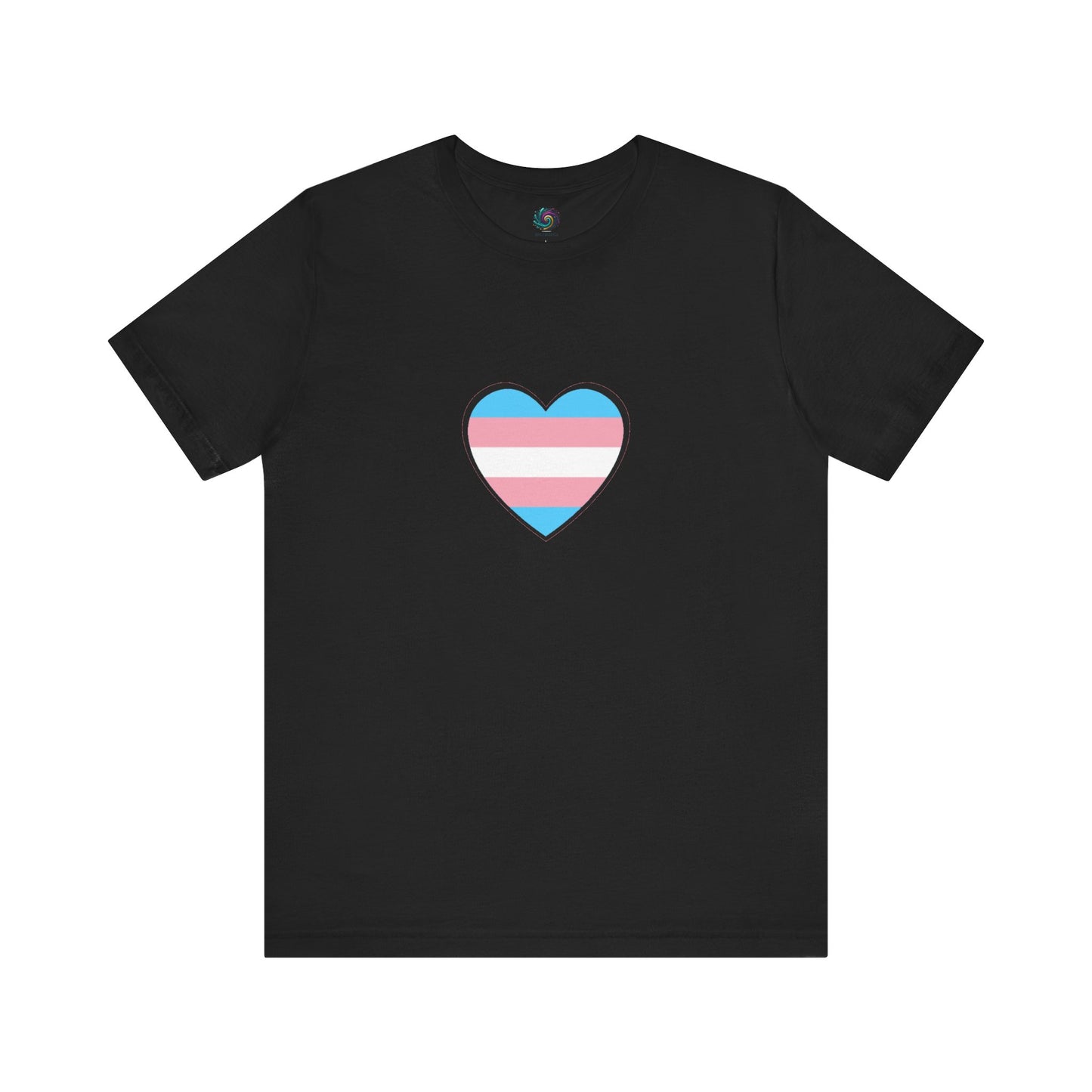 Transgender Pride Flag Heart T-Shirt – LGBTQ+ Trans Flag Graphic Tee in black, featuring a vibrant transgender flag heart for powerful contrast and trans heart expression.