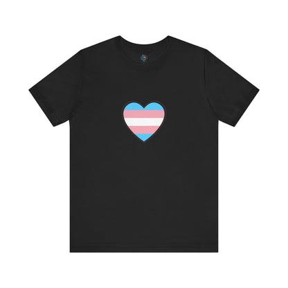 Transgender Pride Flag Heart T-Shirt – LGBTQ+ Trans Flag Graphic Tee in black, featuring a vibrant transgender flag heart for powerful contrast and trans heart expression.
