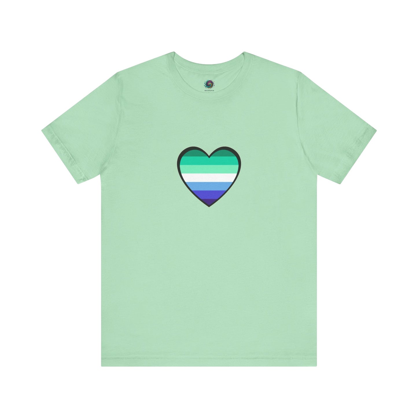 Gay Men's Pride Flag Heart T-Shirt – LGBTQ+ Flag Design on Unisex Tee in mint with a soft yet bold gay pride heart in layered blue and green stripes.