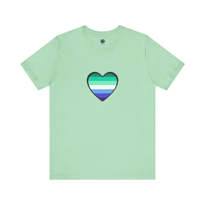 Gay Men's Pride Flag Heart T-Shirt – LGBTQ+ Flag Design on Unisex Tee in mint with a soft yet bold gay pride heart in layered blue and green stripes.
