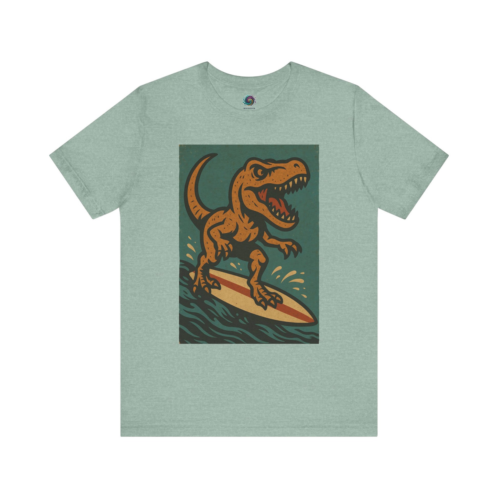 Mint green Surfing t-rex t shirt  from WhimSpin- A rearing t Rex riding a yellow surf board on the waves