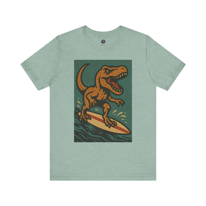 Mint green Surfing t-rex t shirt  from WhimSpin- A rearing t Rex riding a yellow surf board on the waves
