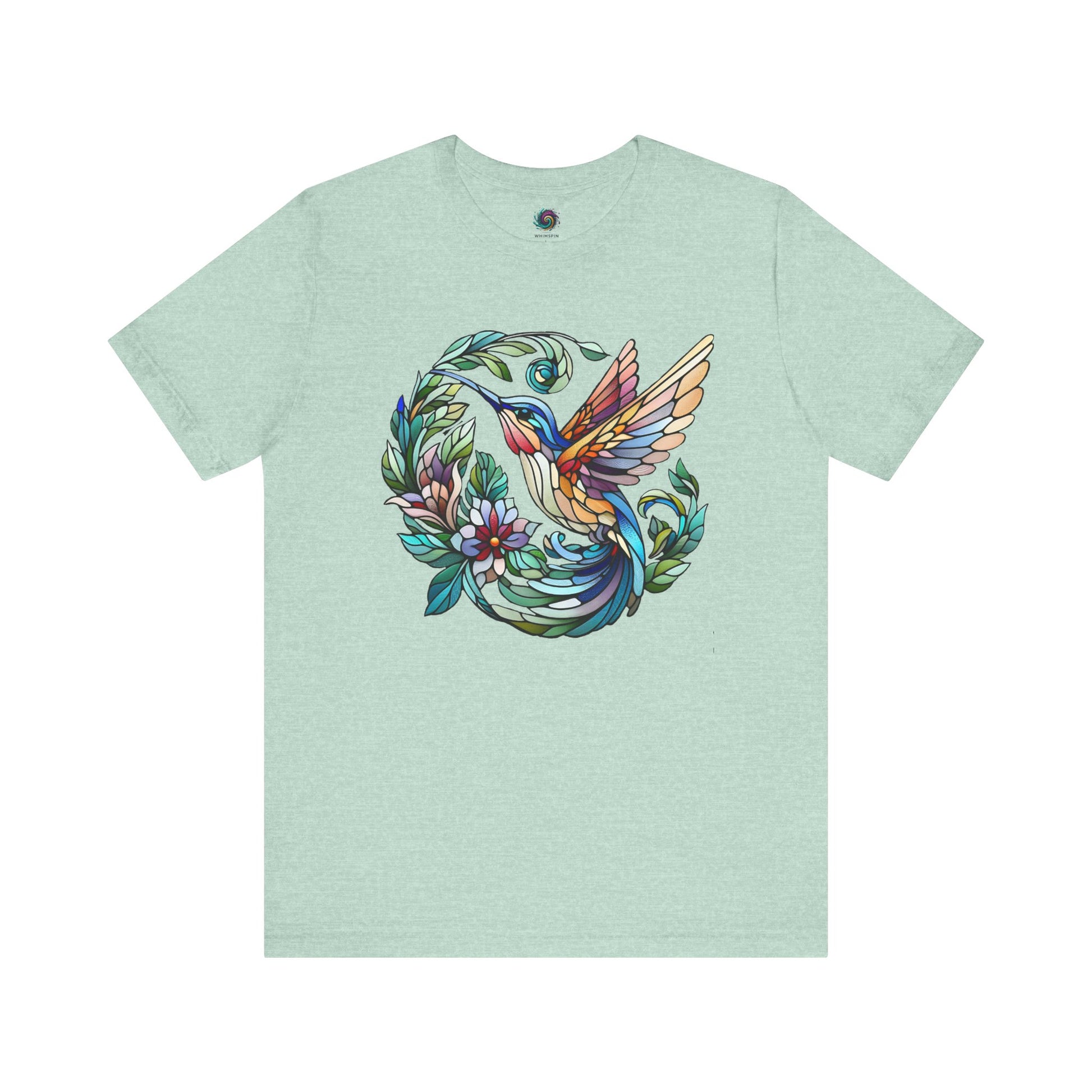 Stained Glass Hummingbird T-Shirt – Colorful Floral Bird Graphic Tee in heather prism mint featuring a stained glass hummingbird and soft floral design.