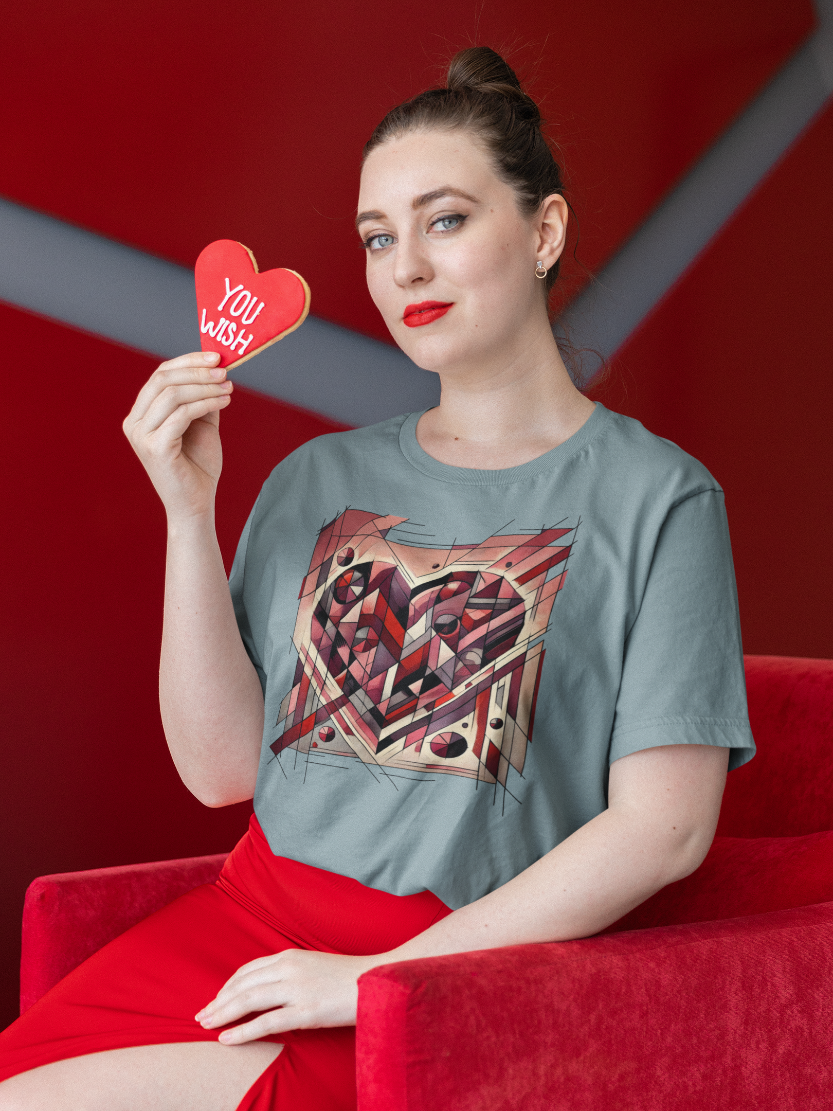 Cubist Heart T-Shirt – Modern Art Valentine's Day Graphic Tee worn in a relaxed pose, emphasizing a cubism valentine's heart graphic suited for everyday modern art lovers.