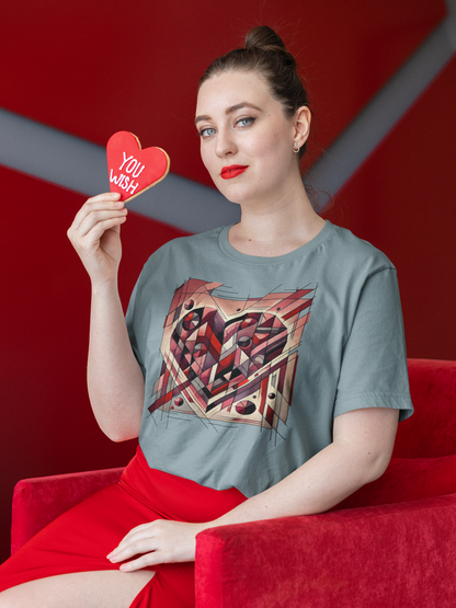 Cubist Heart T-Shirt – Modern Art Valentine's Day Graphic Tee worn in a relaxed pose, emphasizing a cubism valentine's heart graphic suited for everyday modern art lovers.