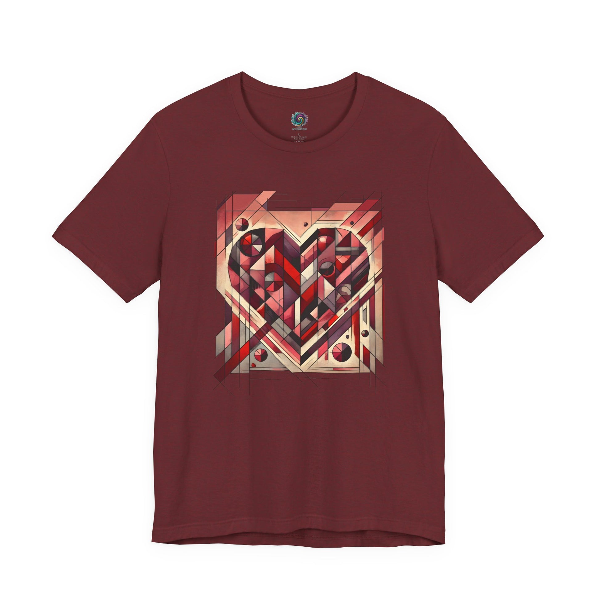 Cubist Heart T-Shirt – Modern Art Valentine's Day Graphic Tee in Heather Cardinal, featuring a cubist heart design inspired by modern art and cubism valentine aestheti