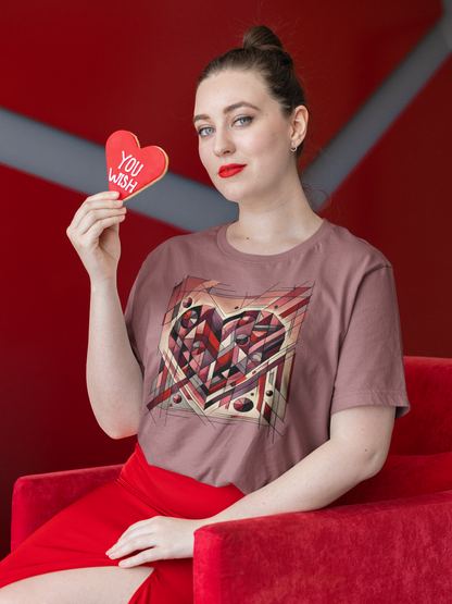 Cubist Heart T-Shirt – Modern Art Valentine's Day Graphic Tee photographed in a clean lifestyle scene, emphasizing the cubist heart motif and modern art valentine appeal.