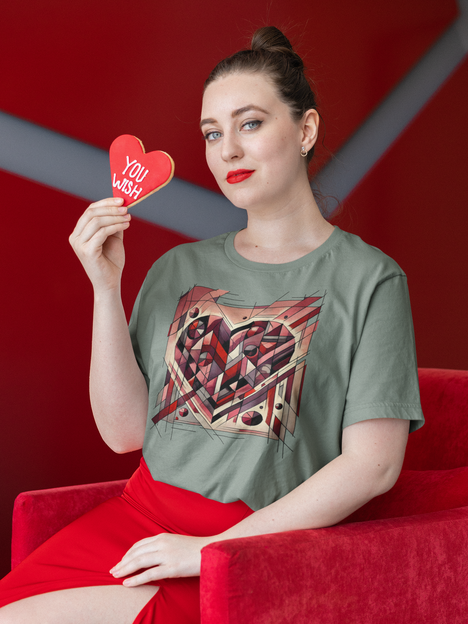 Cubist Heart T-Shirt – Modern Art Valentine's Day Graphic Tee worn in a romantic lifestyle setting, showcasing a modern art heart with angular lines and cubist valentine art influence.