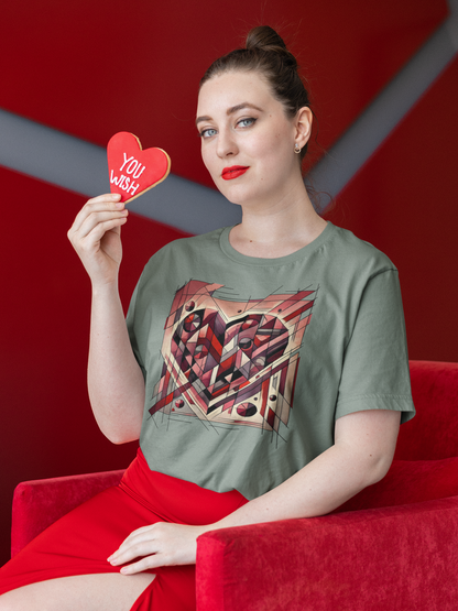 Cubist Heart T-Shirt – Modern Art Valentine's Day Graphic Tee worn in a romantic lifestyle setting, showcasing a modern art heart with angular lines and cubist valentine art influence.