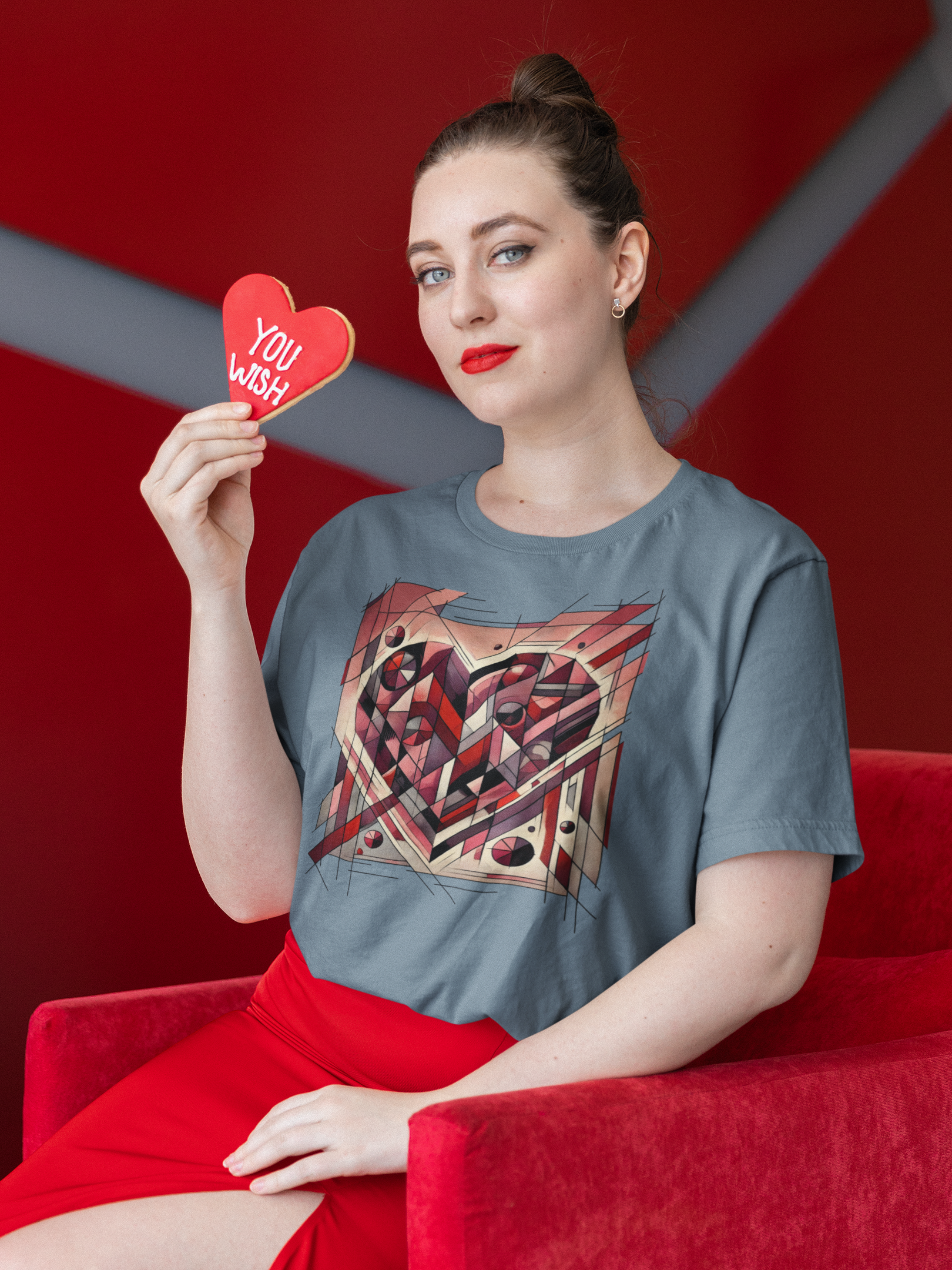 Cubist Heart T-Shirt – Modern Art Valentine's Day Graphic Tee worn in a romantic lifestyle setting, showcasing a modern art heart with angular lines and cubist valentine art influence.