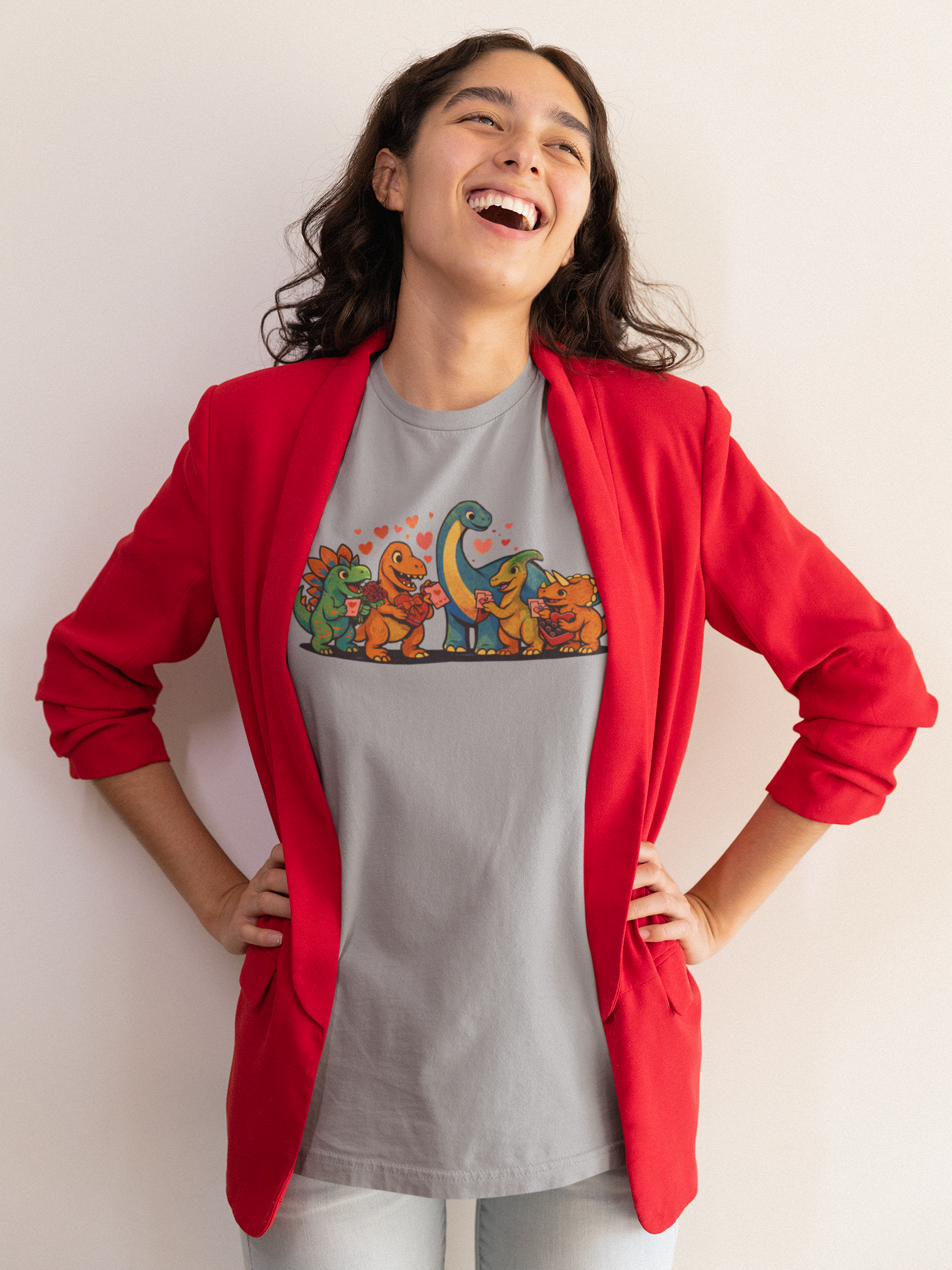 Dinosaur Valentines T-Shirt – Cute Dino Valentine’s Day Tee paired with layered styling to highlight the charming dinosaur valentine artwork in a contemporary outfit