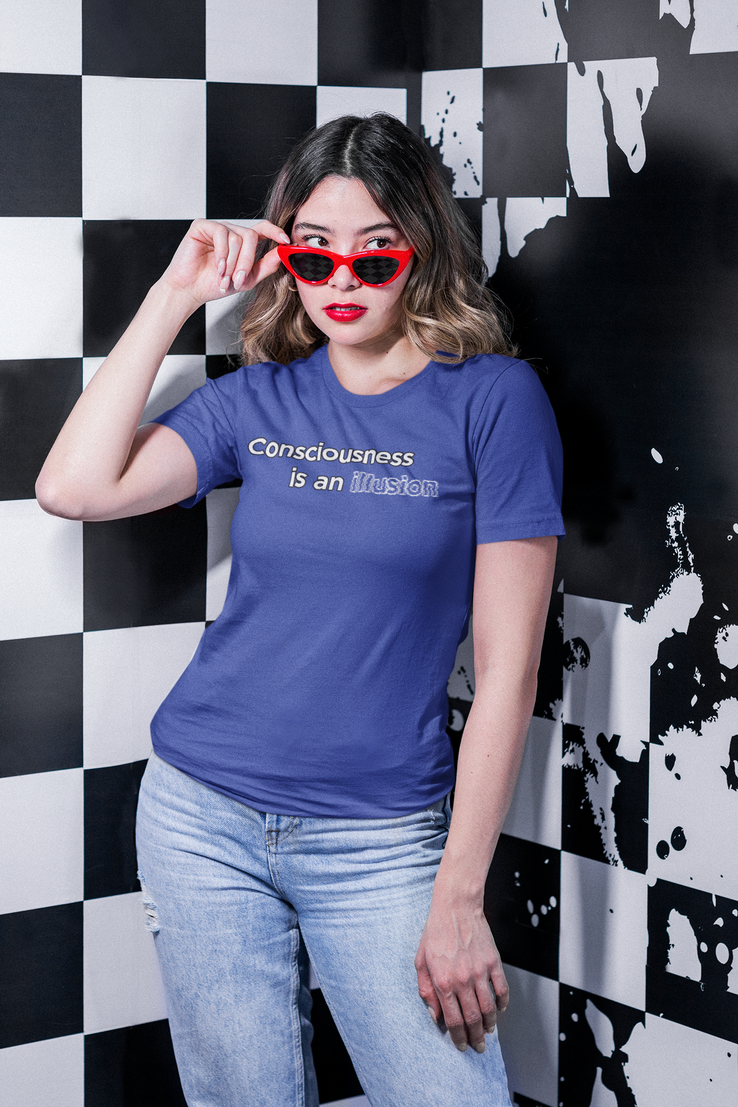 Consciousness Is an Illusion T-Shirt – Minimalist Existential Graphic Tee styled with layered streetwear, emphasizing a calm, reflective take on the idea that consciousness is an illusion
