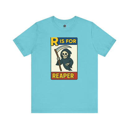R Is For Reaper T-Shirt – Cute Grim Reaper Shirt from the Monster Alphabet Series in turquoise, great for costume parties or casual October wear