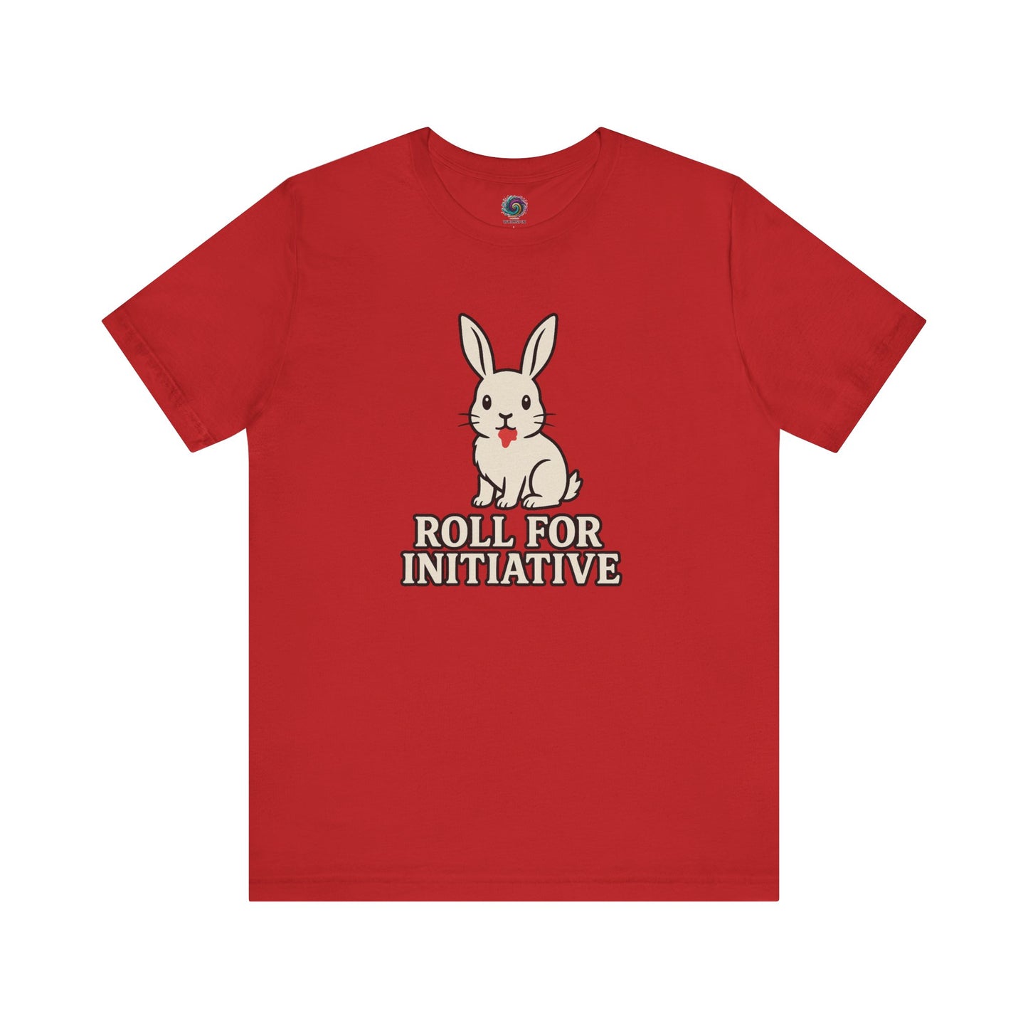 Roll for Initiative T-Shirt – Killer Bunny Humor Gaming Tee in classic red, a striking choice for tabletop roleplay enthusiasts