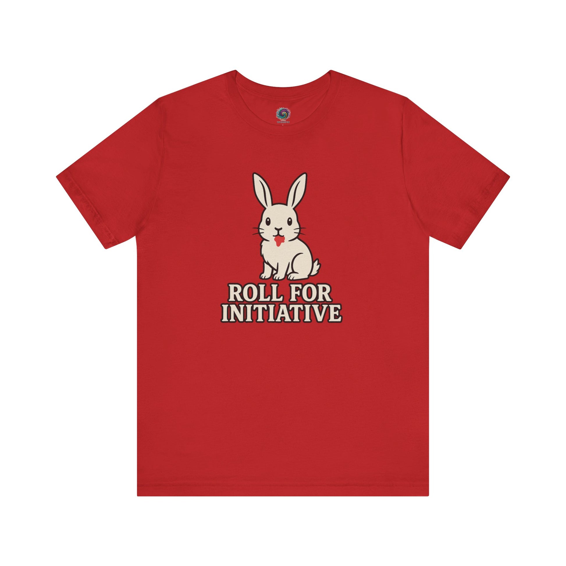 Roll for Initiative T-Shirt – Killer Bunny Humor Gaming Tee in classic red, a striking choice for tabletop roleplay enthusiasts